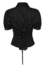 Black pinstripe top with puff sleeves on a white background
