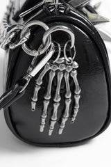 long spiked black mini chain strap bag with skeleton hand charm