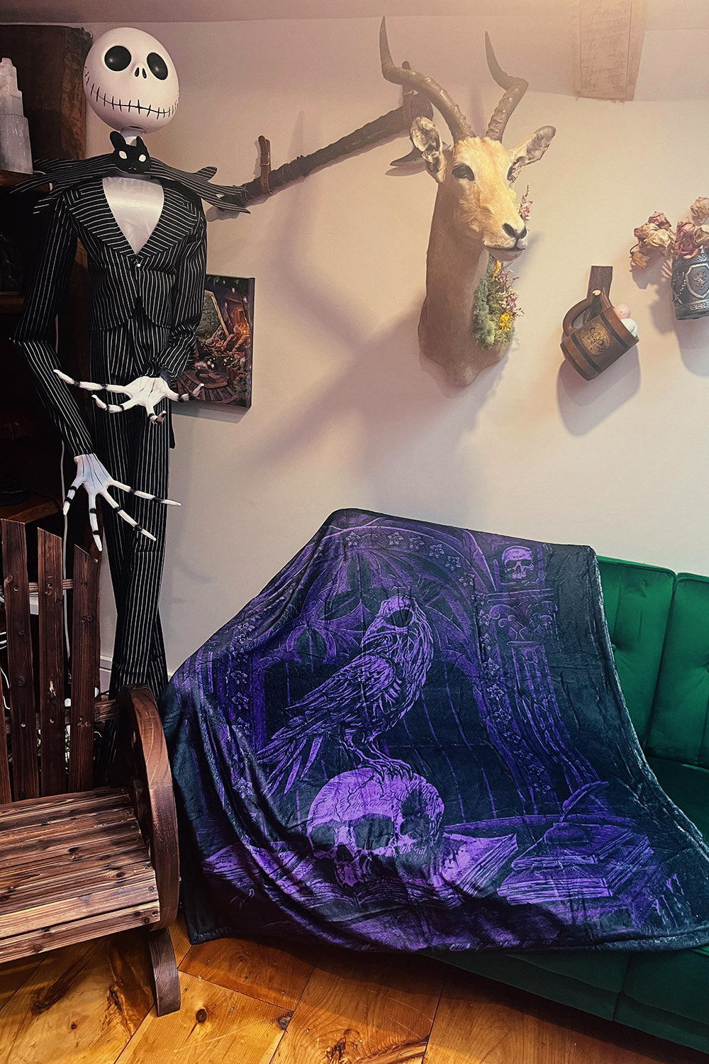 gothic blanket with raven and skull design