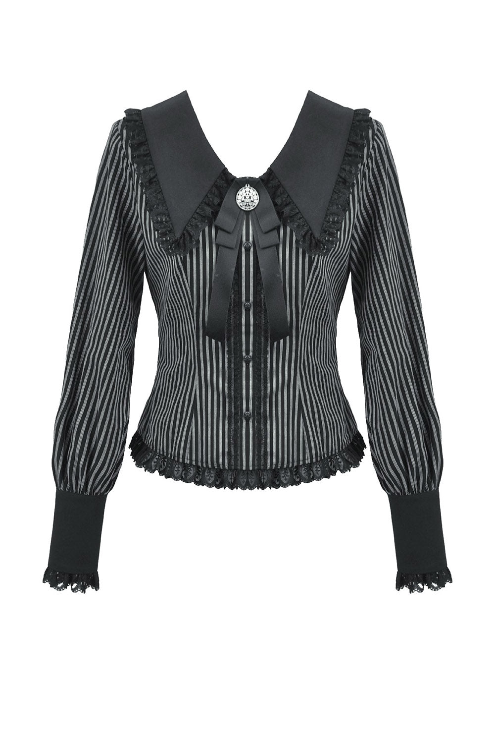 gothic woman wearing a long sleeves womens striped blouse with puffed sleeves and lace