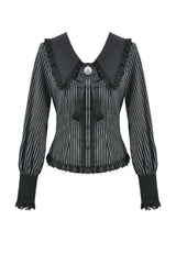 gothic woman wearing a long sleeves womens striped blouse with puffed sleeves and lace
