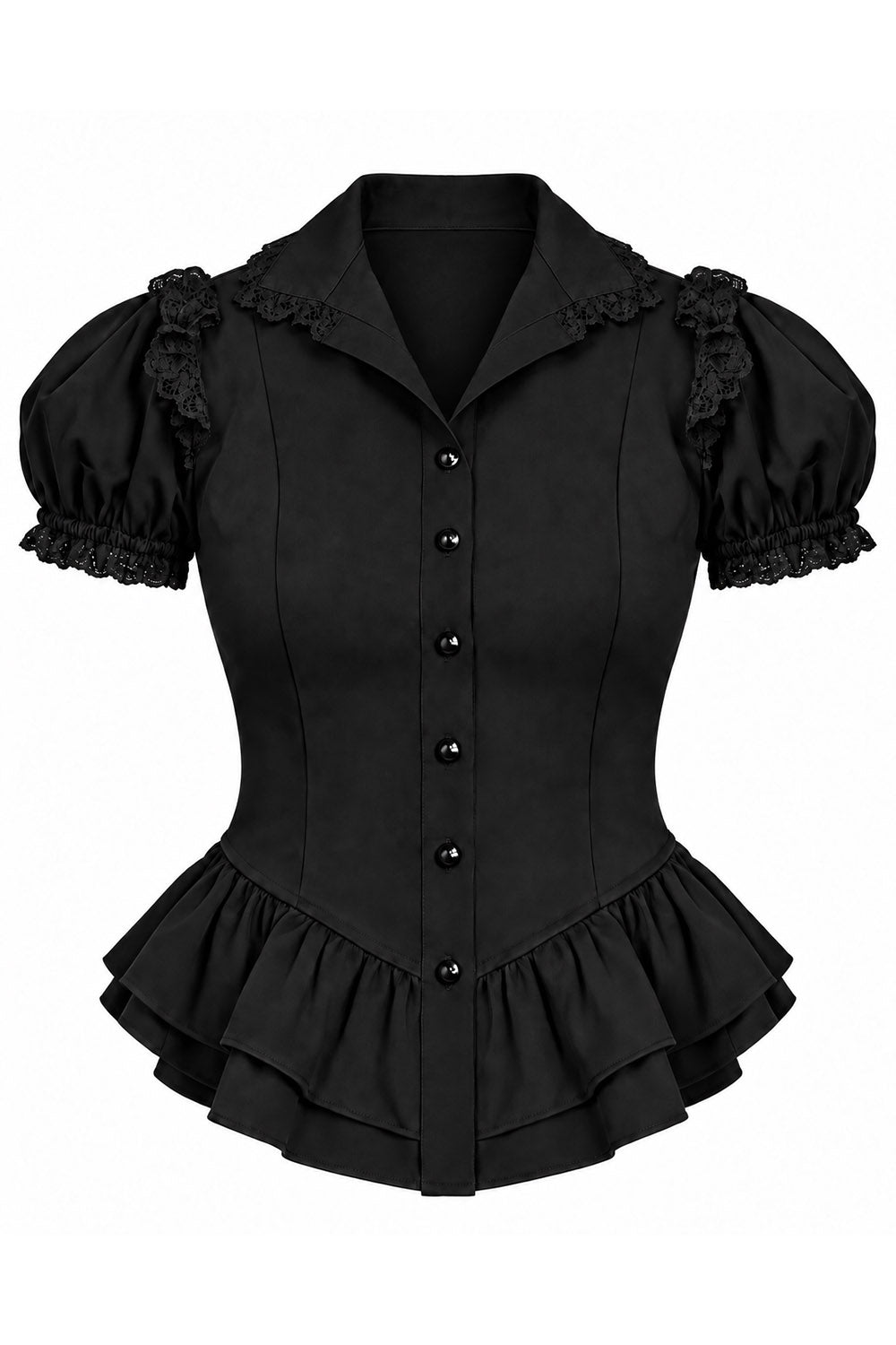 A black gothic-style short-sleeve blouse with a structured corset bodice, ruffled peplum hem, and lace-trimmed puff sleeves, shown against a plain white background.