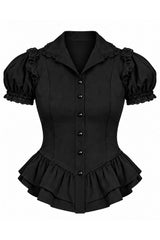 A black gothic-style short-sleeve blouse with a structured corset bodice, ruffled peplum hem, and lace-trimmed puff sleeves, shown against a plain white background.