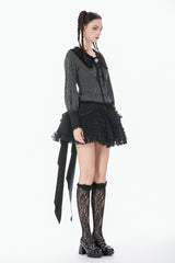 gothic woman wearing a long sleeves womens striped blouse with puffed sleeves and black collar