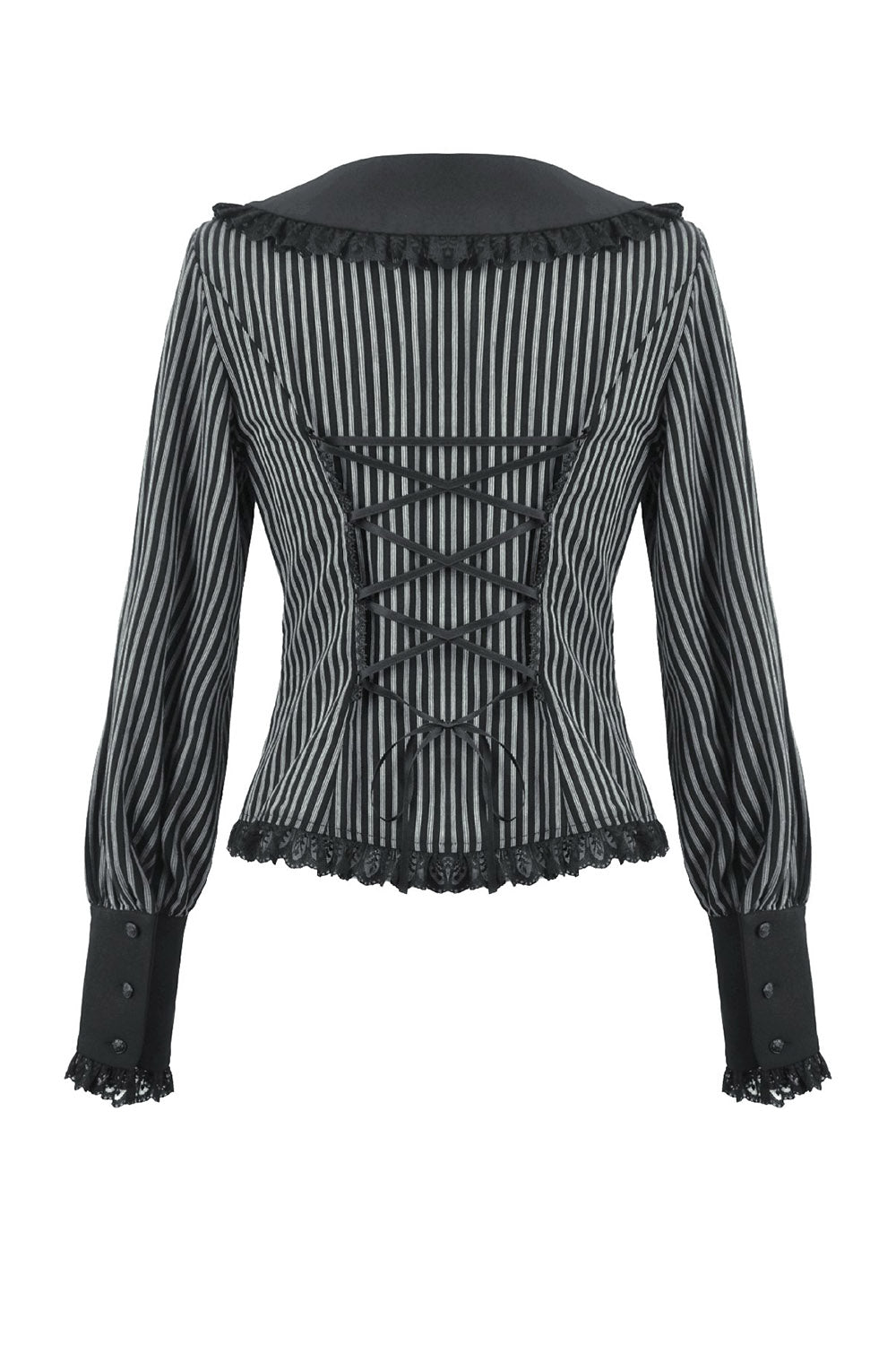 gothic woman wearing a long sleeves womens striped blouse with puffed sleeves and ribbon tie