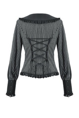 gothic woman wearing a long sleeves womens striped blouse with puffed sleeves and ribbon tie