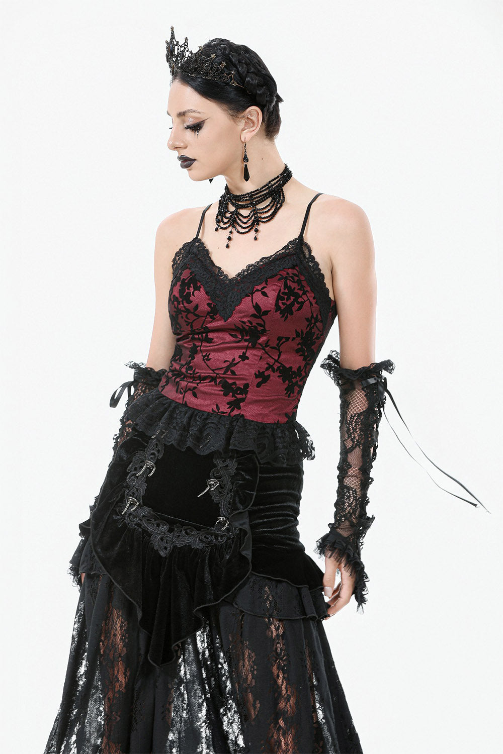 red lace ruffled top