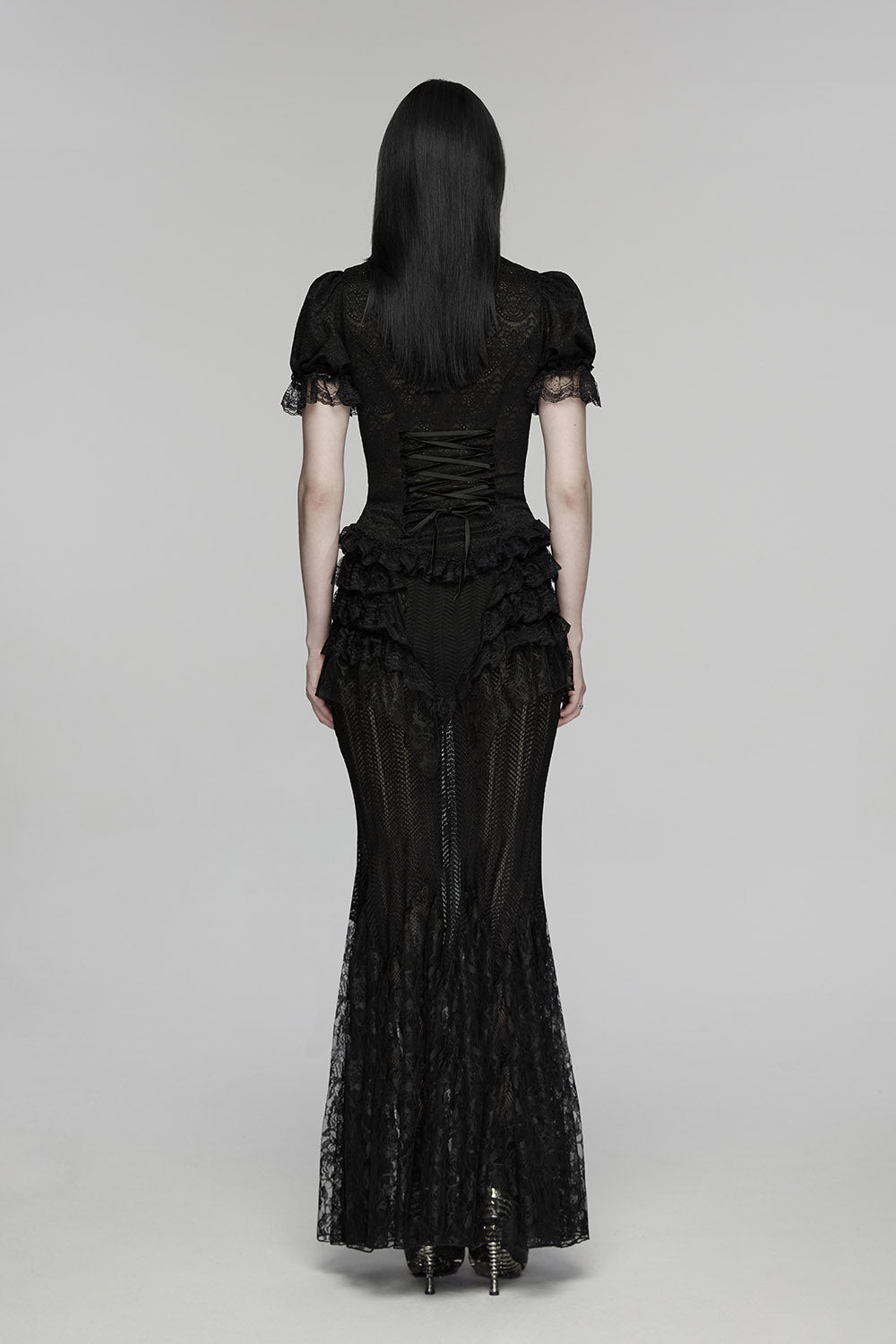 black lace puff sleeve blouse  top with corset lacing in the back by devil fashion 