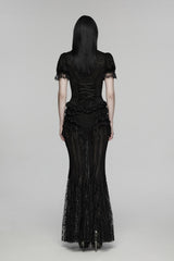 black lace puff sleeve blouse  top with corset lacing in the back by devil fashion 