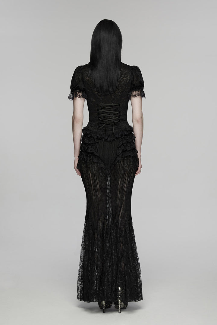 black lace puff sleeve blouse  top with corset lacing in the back by devil fashion 