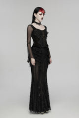 gothic long sleeve lace top with flared mesh sleeves