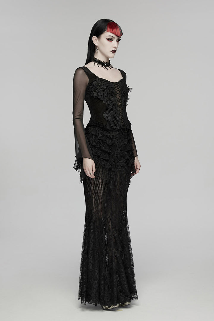 gothic long sleeve lace top with flared mesh sleeves