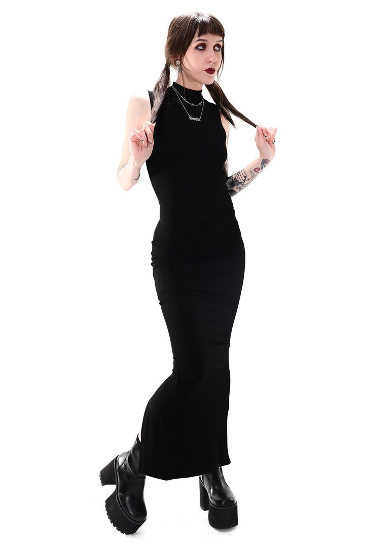 sleeveless morticia inspired turtleneck dress