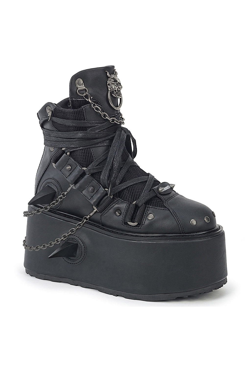 A black goth-style platform ankle boot with straps, silver-tone chain details, and metal studs, spikes, and o-ring shown against a plain white background.