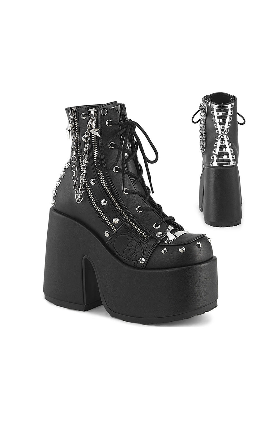 womens black metal chain y2k ankle boots by demonia