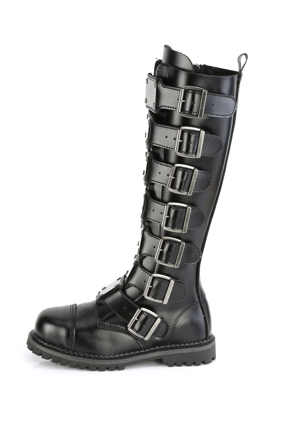 front plated unisex genuine leather gothic buckled knee high boots