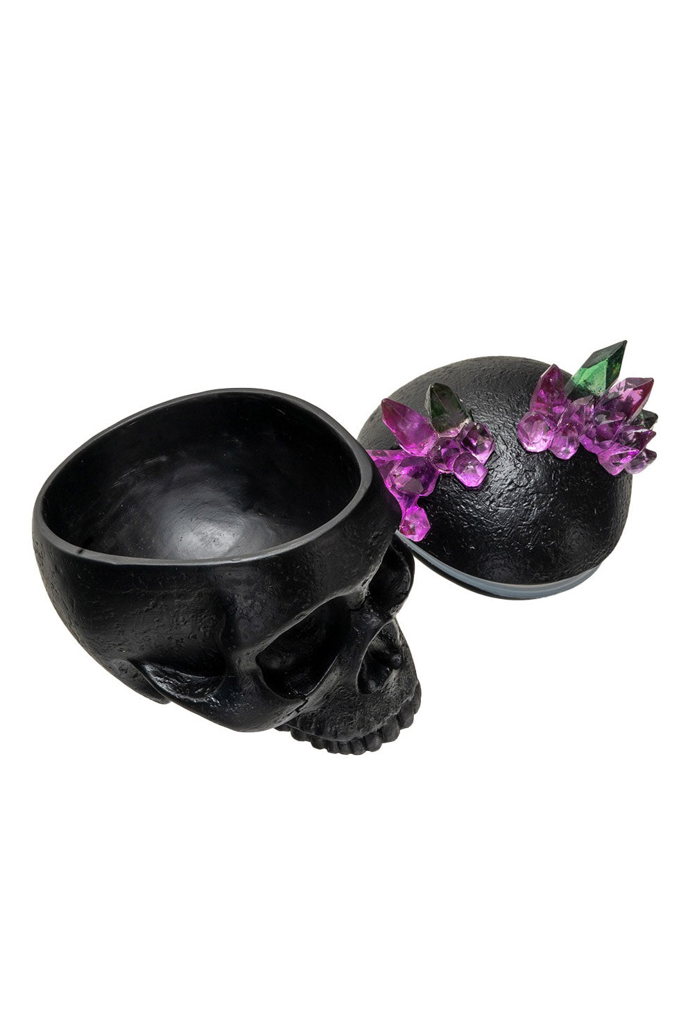 skull storage box with crystals on the lid
