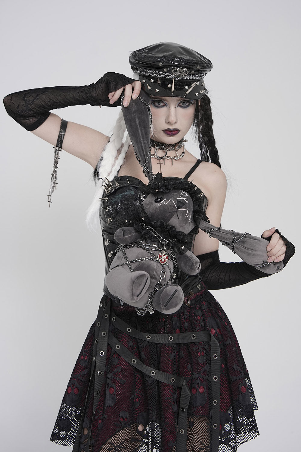 chained punk rabbit plush toy wearing a lolita ruffle headband 