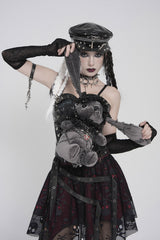 chained punk rabbit plush toy wearing a lolita ruffle headband 