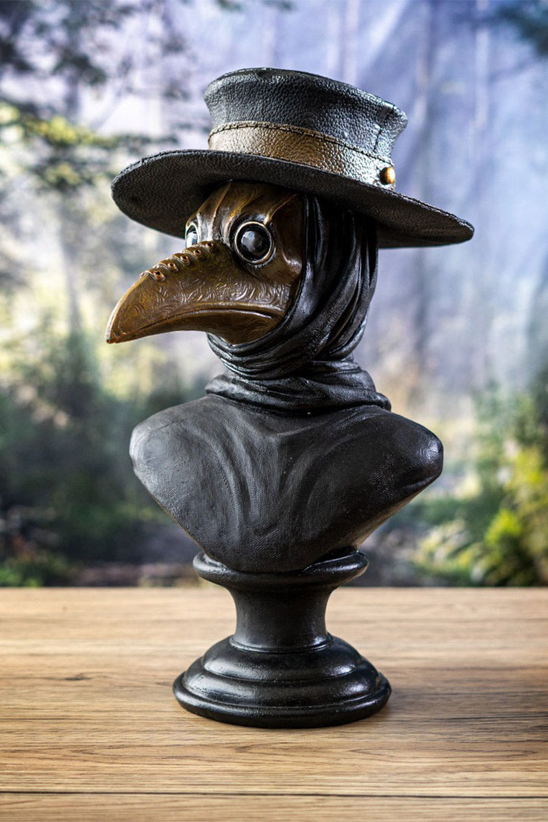 plague doctor bust wearing a hat and bird mask 