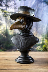 plague doctor bust wearing a hat and bird mask 