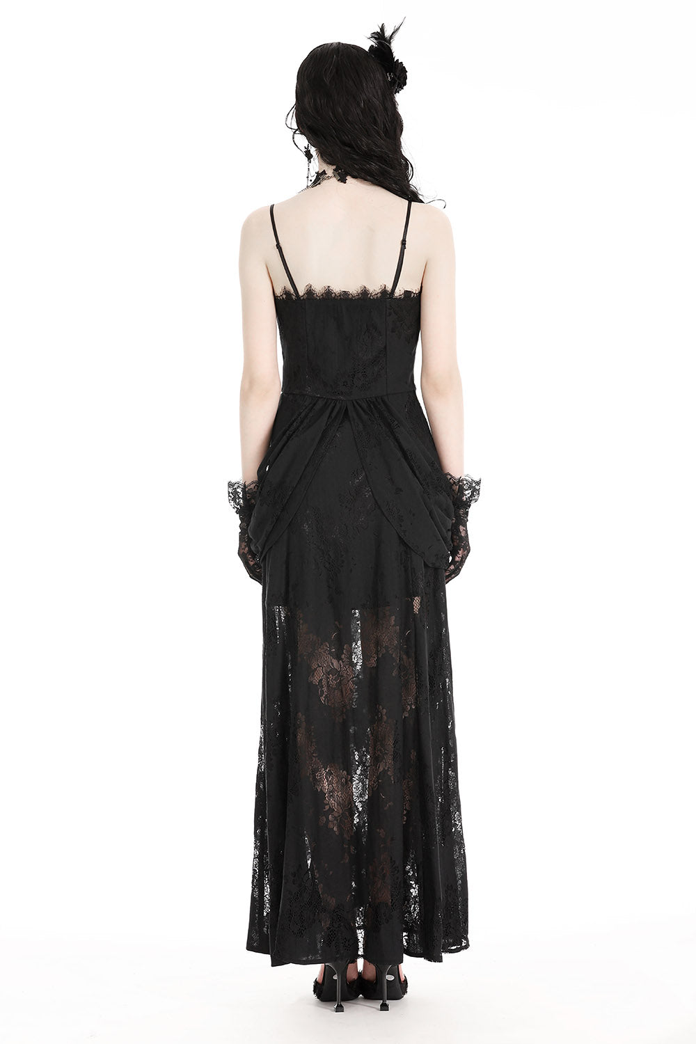 womens black floral lace maxi dress with bustle skirt