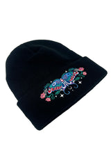 knitted dark cottagecore embroidered luna moth beanie  with stars and spiderwebs 
