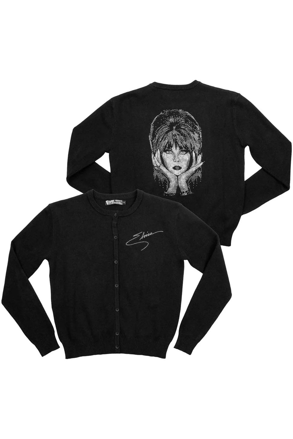 Black cardigans with graphic designs on a white background
