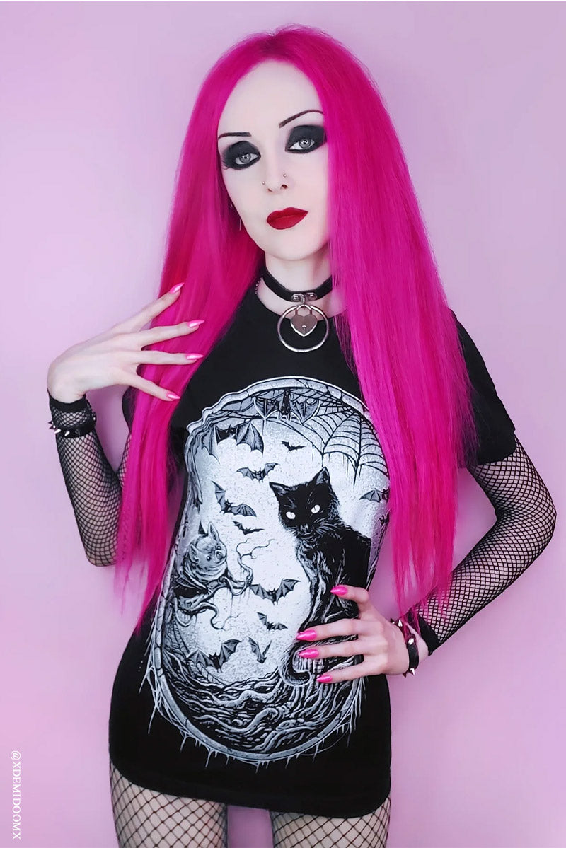 gothic cat and bat forest goth tshirt