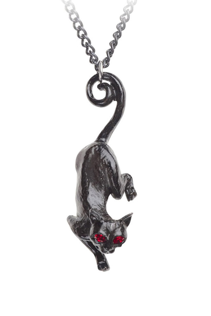 Black cat-shaped pendant on a necklace chain against a white background