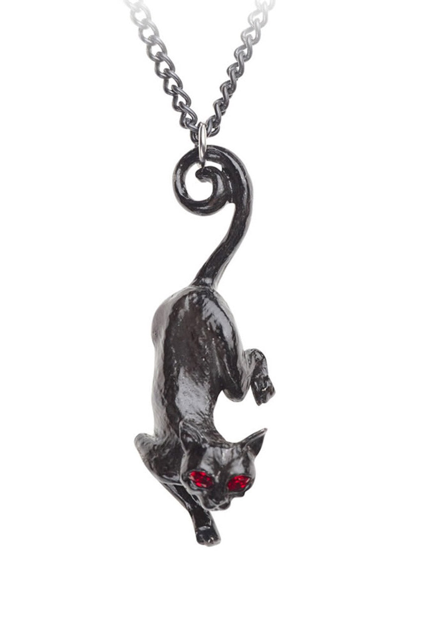 Black cat-shaped pendant on a necklace chain against a white background