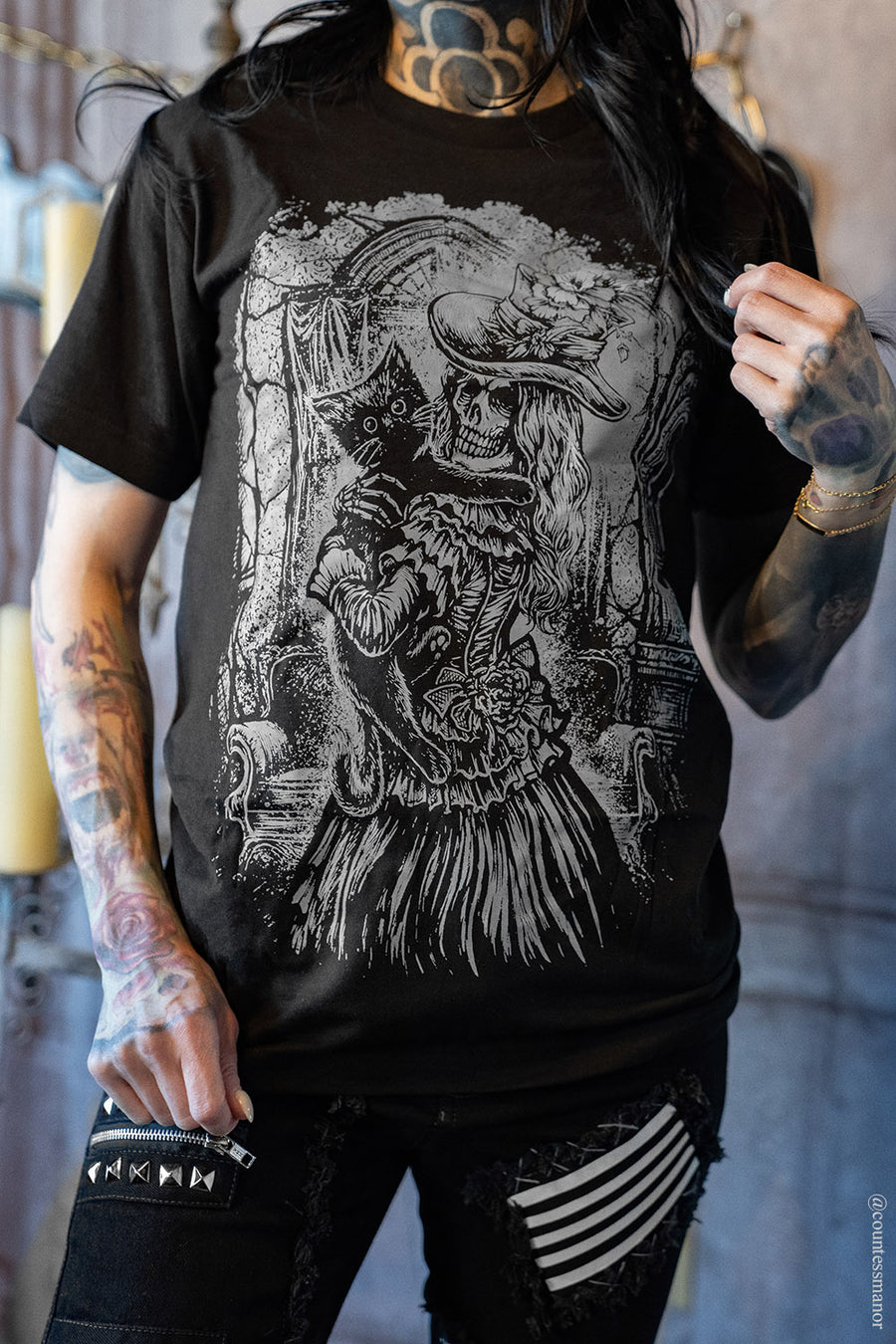 grey and black victorian cat skeleton tshirt 