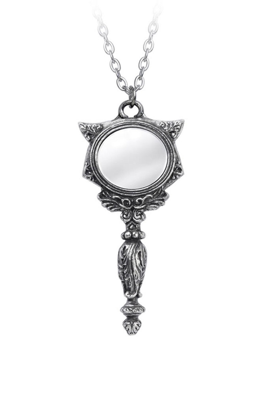 ornate steampunk cat cameo mirror necklace by alchemy England  on silver chain