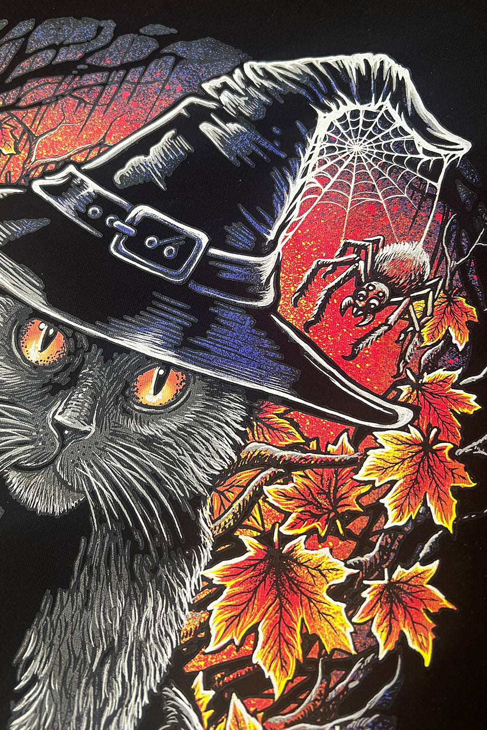 black cat wearing witch hat t-shirt