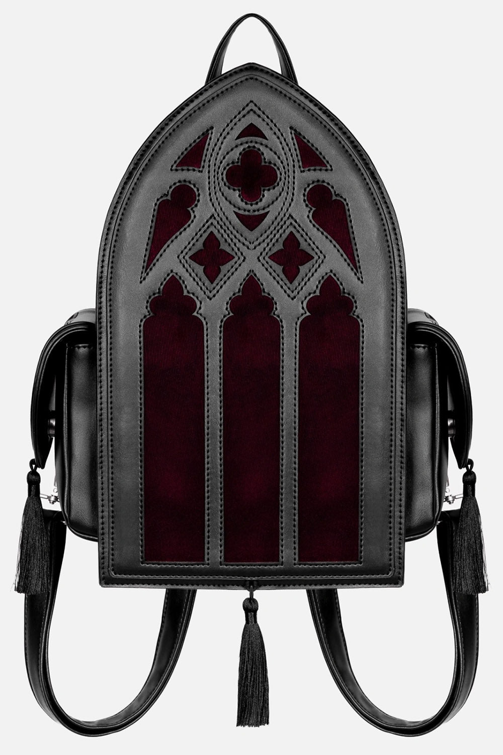 Gothic-style backpack with stained glass design on a gray background