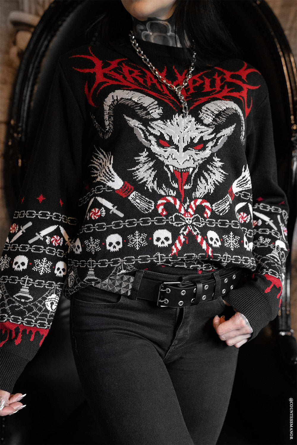 knitted spiderweb, skull, snowflake, gingerbread, christmas tree, blood and spiderweb krampus gothic sweater for the holidays by vampirefreaks 