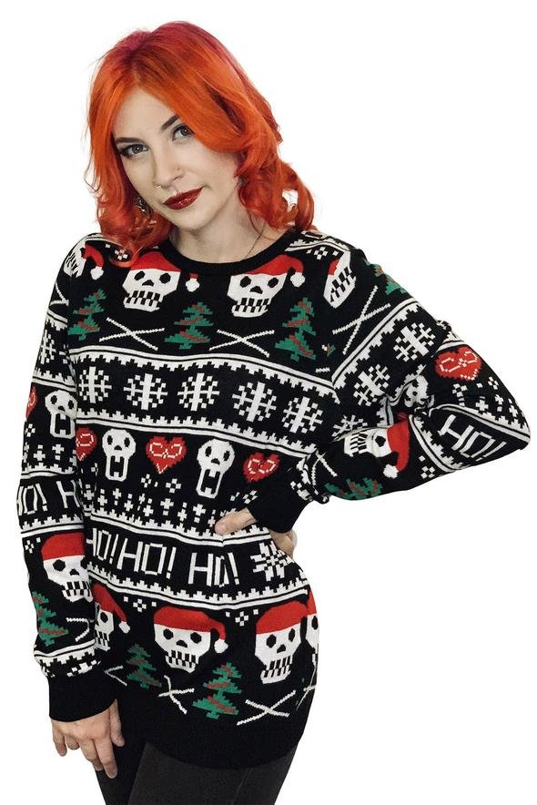 Gothic Christmas Sweater Ho Ho Ho Santa Skulls - mens outerwear - VampireFreaks - Too Fast