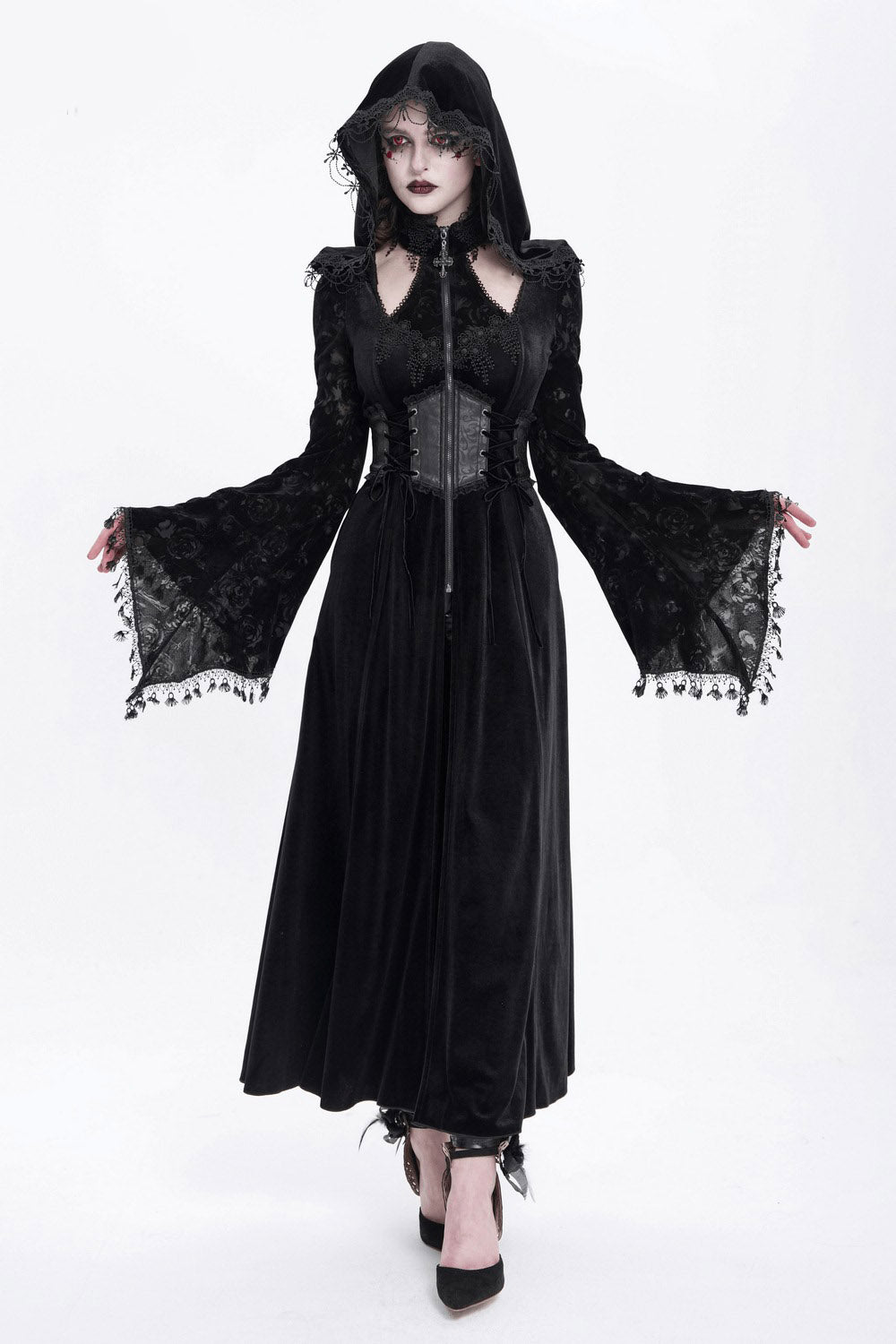 black velvet hooded flared sleeve dress