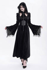black velvet hooded flared sleeve dress