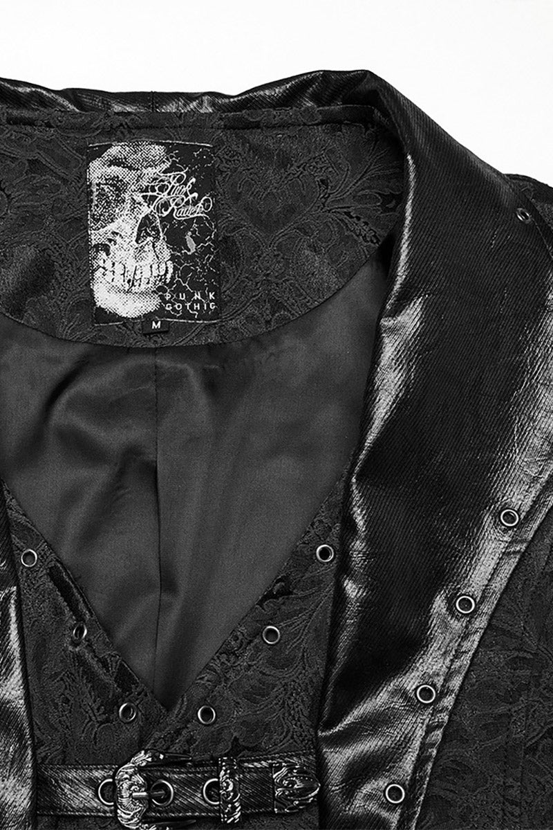 black vegan leather damask deep v-neckline vest waistcoat