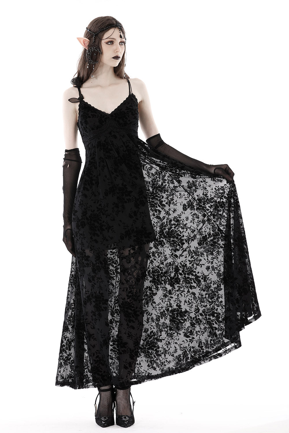 womens gothic lace dress with mesh overlay
