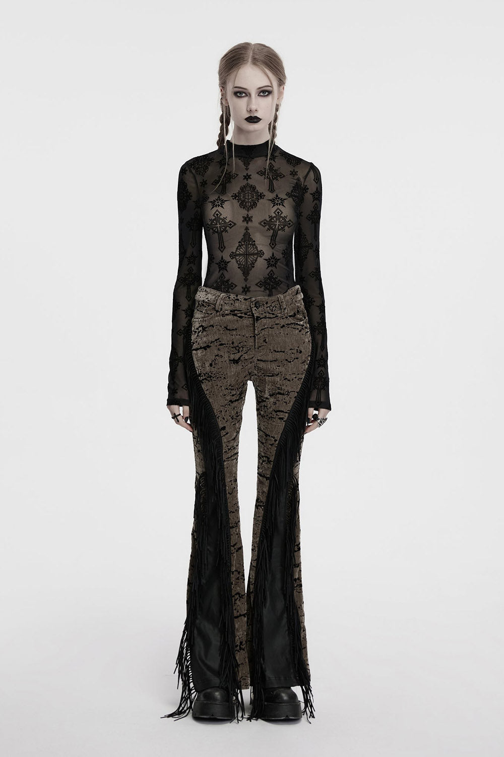 gothic cross pattern sheer long sleeve top