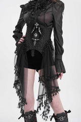 Gothic-style black outfit with intricate details on a white background