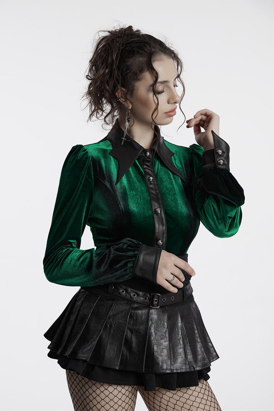 black batwing collar green velvet shirt 