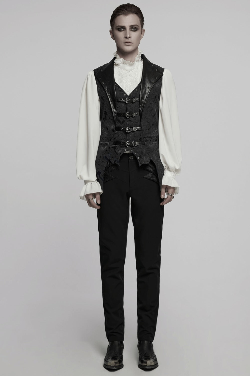 mens black vegan leather damask deep v-neckline vest waistcoat