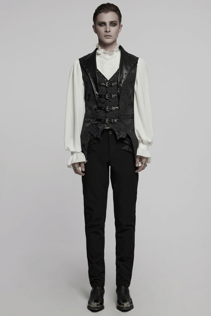 mens black vegan leather damask deep v-neckline vest waistcoat