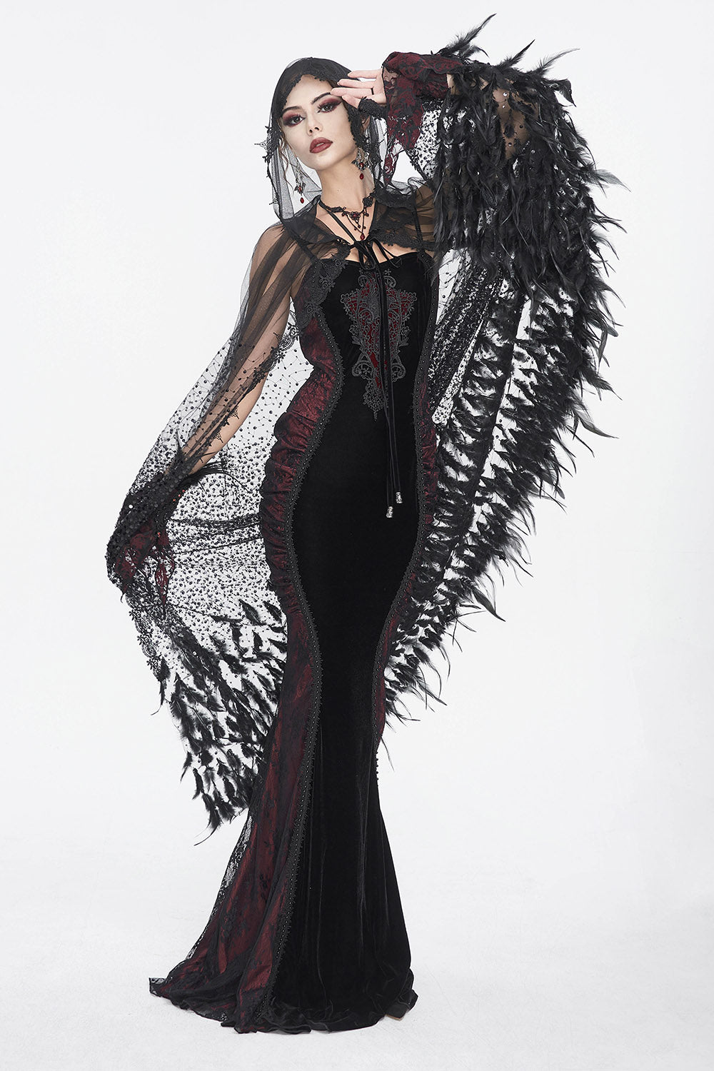 gothic cape with feather trim