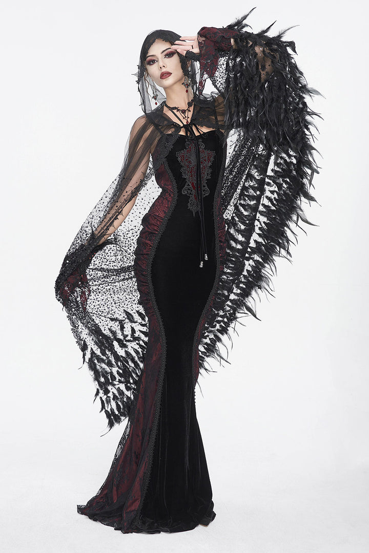 gothic cape with feather trim