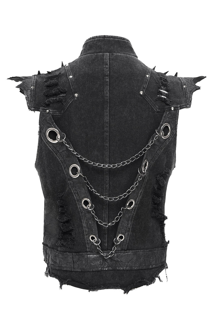 mens black denim tattered moto vest