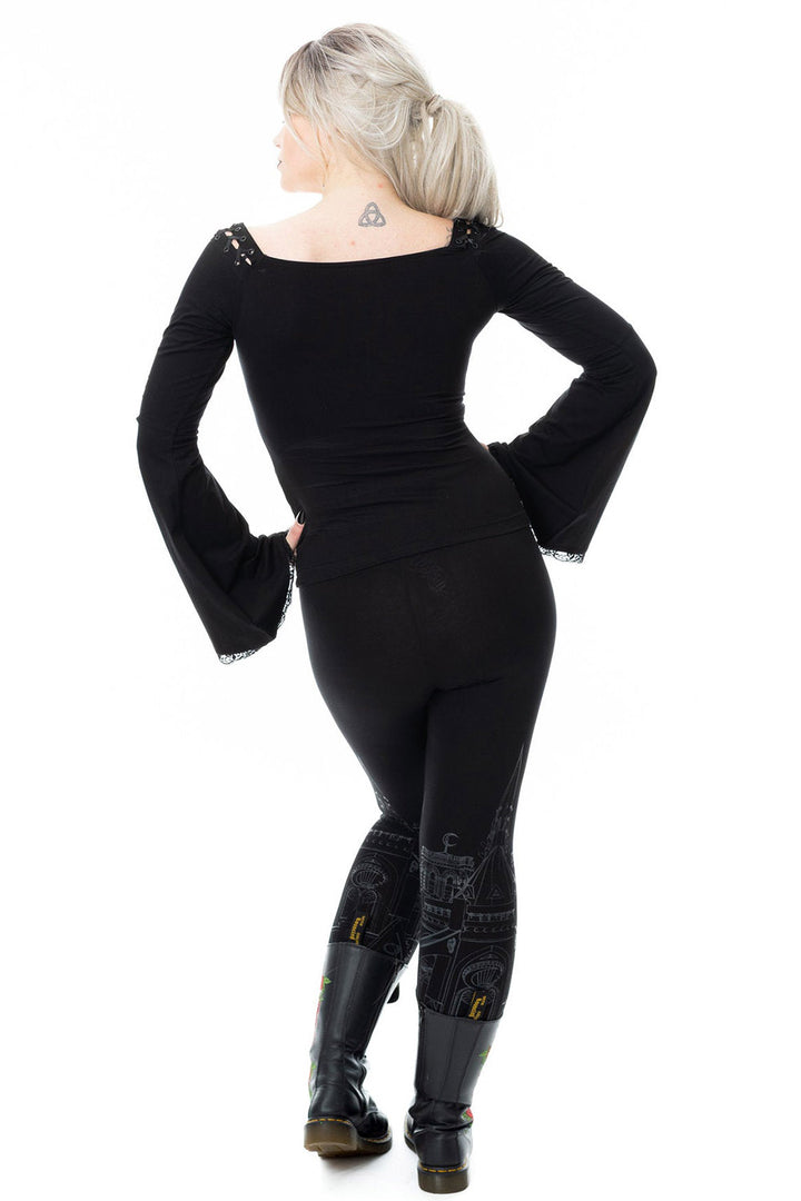 womens lace-up flared witchy black cotton long sleeve top